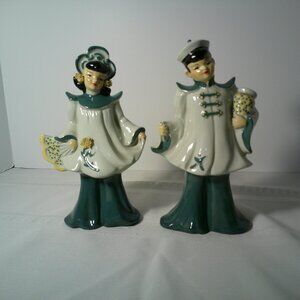 Vintage Asian Couple Figurines California Pottery Florence Ceramics Green